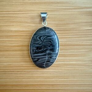 Vintage Silver Black Malachite Stone Necklace Pendant